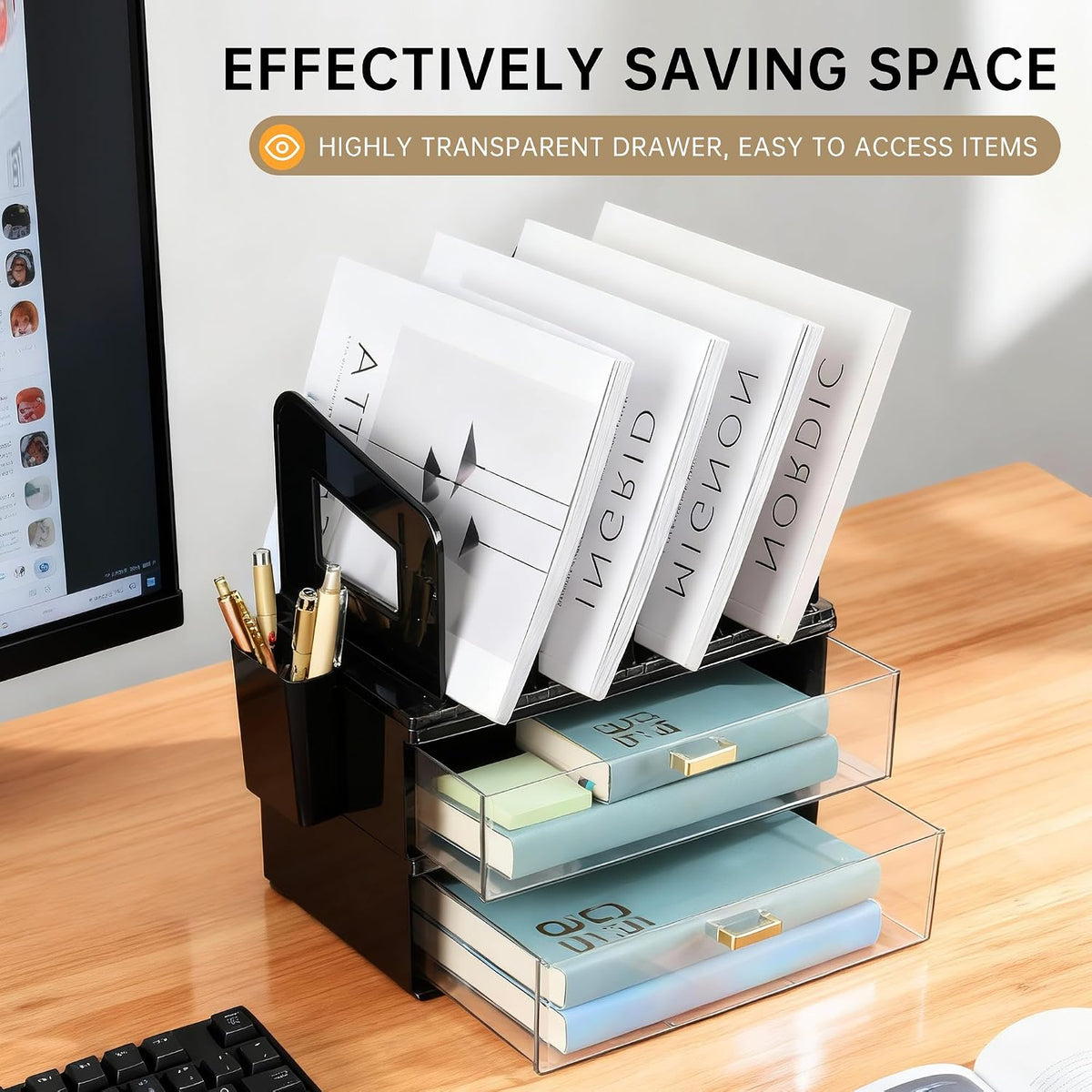 Desk Organizer with 2 Vertical File Holder, 4 Tier Stackable Paper Letter Tray File Organizer with 5-Compartments Pen Holder, Clear Desktop Organizer Office Organization and Storage