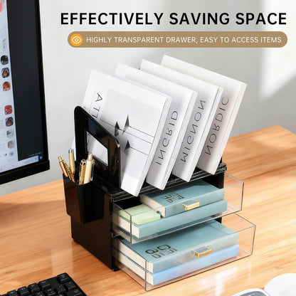 Desk Organizer with 2 Vertical File Holder, 4 Tier Stackable Paper Letter Tray File Organizer with 5-Compartments Pen Holder, Clear Desktop Organizer Office Organization and Storage