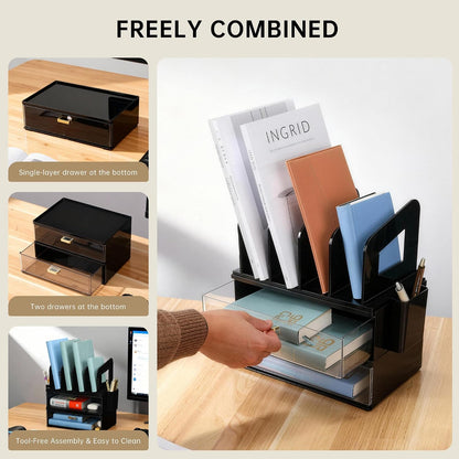 Desk Organizer with 2 Vertical File Holder, 4 Tier Stackable Paper Letter Tray File Organizer with 5-Compartments Pen Holder, Clear Desktop Organizer Office Organization and Storage