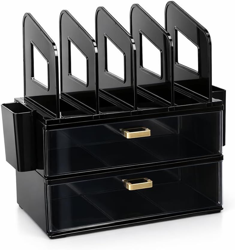 Desk Organizer with 2 Vertical File Holder, 4 Tier Stackable Paper Letter Tray File Organizer with 5-Compartments Pen Holder, Clear Desktop Organizer Office Organization and Storage