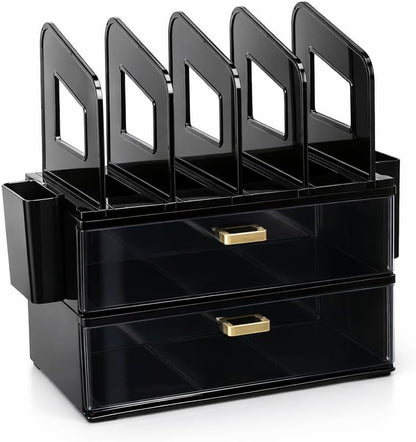 Desk Organizer with 2 Vertical File Holder, 4 Tier Stackable Paper Letter Tray File Organizer with 5-Compartments Pen Holder, Clear Desktop Organizer Office Organization and Storage