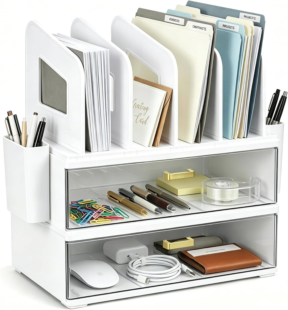 Desk Organizer with 2 Vertical File Holder, 4 Tier Stackable Paper Letter Tray File Organizer with 5-Compartments Pen Holder, Clear Desktop Organizer Office Organization and Storage