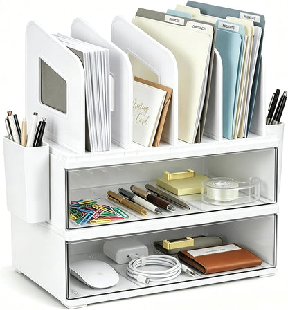 Desk Organizer with 2 Vertical File Holder, 4 Tier Stackable Paper Letter Tray File Organizer with 5-Compartments Pen Holder, Clear Desktop Organizer Office Organization and Storage