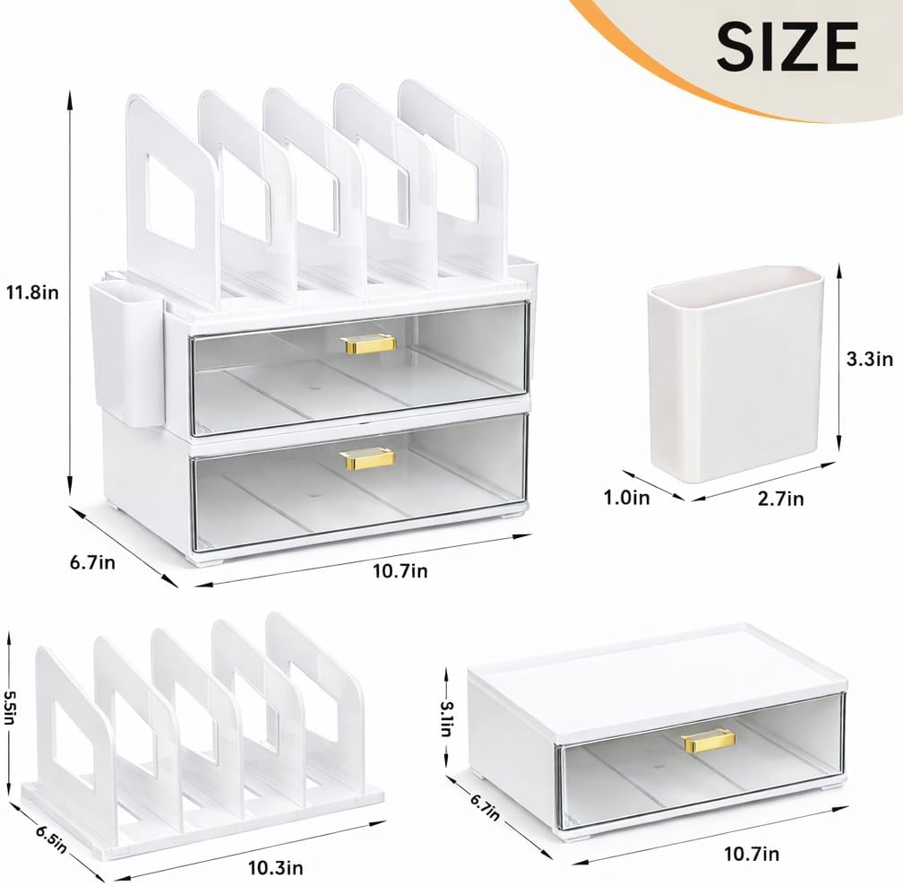 Desk Organizer with 2 Vertical File Holder, 4 Tier Stackable Paper Letter Tray File Organizer with 5-Compartments Pen Holder, Clear Desktop Organizer Office Organization and Storage