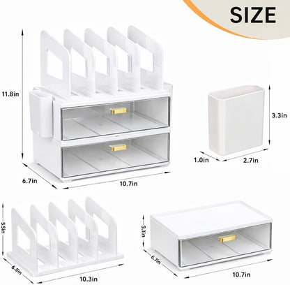 Desk Organizer with 2 Vertical File Holder, 4 Tier Stackable Paper Letter Tray File Organizer with 5-Compartments Pen Holder, Clear Desktop Organizer Office Organization and Storage