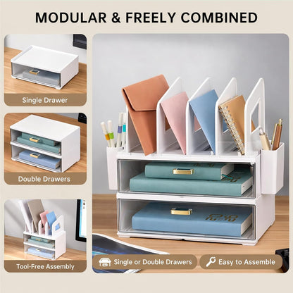 Desk Organizer with 2 Vertical File Holder, 4 Tier Stackable Paper Letter Tray File Organizer with 5-Compartments Pen Holder, Clear Desktop Organizer Office Organization and Storage