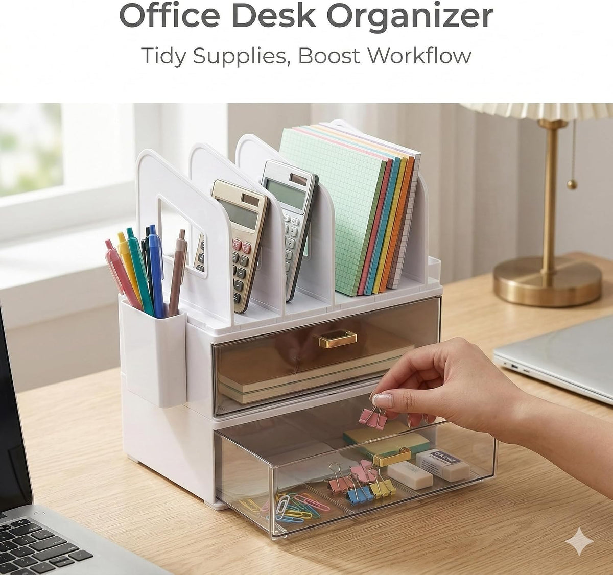Desk Organizer with 2 Vertical File Holder, 4 Tier Stackable Paper Letter Tray File Organizer with 5-Compartments Pen Holder, Clear Desktop Organizer Office Organization and Storage