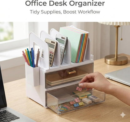 Desk Organizer with 2 Vertical File Holder, 4 Tier Stackable Paper Letter Tray File Organizer with 5-Compartments Pen Holder, Clear Desktop Organizer Office Organization and Storage