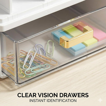 Desk Organizer with 2 Vertical File Holder, 4 Tier Stackable Paper Letter Tray File Organizer with 5-Compartments Pen Holder, Clear Desktop Organizer Office Organization and Storage