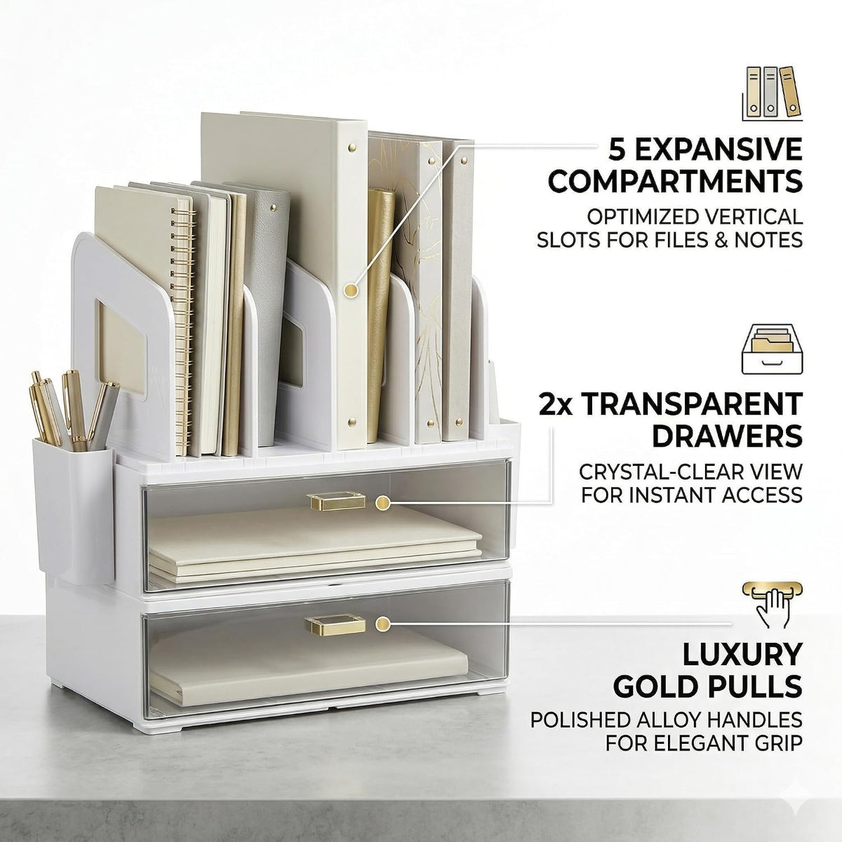 Desk Organizer with 2 Vertical File Holder, 4 Tier Stackable Paper Letter Tray File Organizer with 5-Compartments Pen Holder, Clear Desktop Organizer Office Organization and Storage