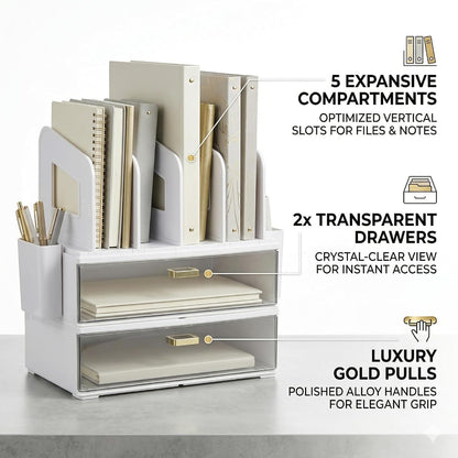 Desk Organizer with 2 Vertical File Holder, 4 Tier Stackable Paper Letter Tray File Organizer with 5-Compartments Pen Holder, Clear Desktop Organizer Office Organization and Storage