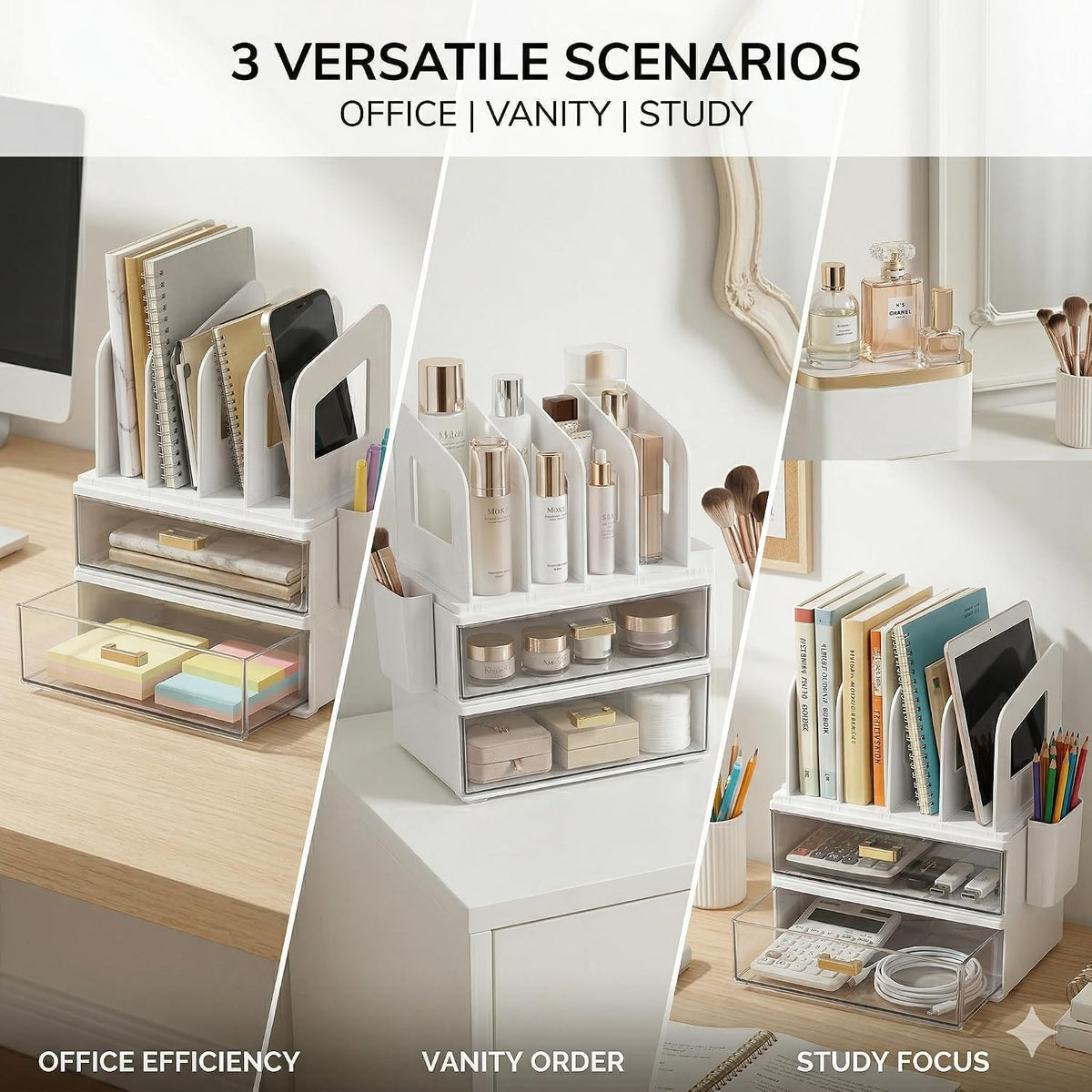 Desk Organizer with 2 Vertical File Holder, 4 Tier Stackable Paper Letter Tray File Organizer with 5-Compartments Pen Holder, Clear Desktop Organizer Office Organization and Storage