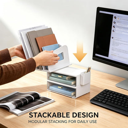 Desk Organizer with 2 Vertical File Holder, 4 Tier Stackable Paper Letter Tray File Organizer with 5-Compartments Pen Holder, Clear Desktop Organizer Office Organization and Storage