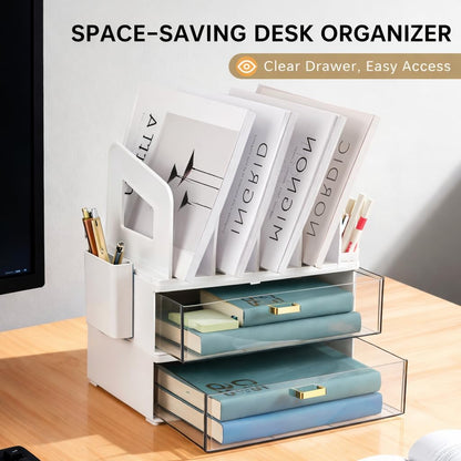 Desk Organizer with 2 Vertical File Holder, 4 Tier Stackable Paper Letter Tray File Organizer with 5-Compartments Pen Holder, Clear Desktop Organizer Office Organization and Storage