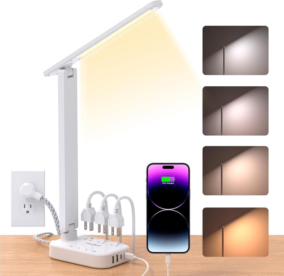 Small LED Desk Lamp Power Strip 5ft Extension Cord with 3 Outlets 4 USB Ports(2 USB C), 4 Modes, 5 Level Touch Lamp Study Reading Light, Home Office Bedroom College Dorm Room Essentials,White