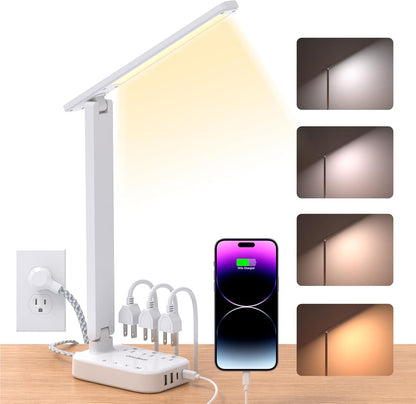 Small LED Desk Lamp Power Strip 5ft Extension Cord with 3 Outlets 4 USB Ports(2 USB C), 4 Modes, 5 Level Touch Lamp Study Reading Light, Home Office Bedroom College Dorm Room Essentials,White