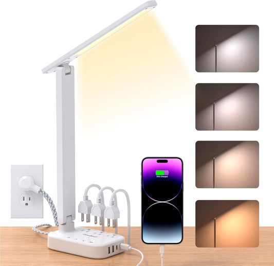 Small LED Desk Lamp Power Strip 5ft Extension Cord with 3 Outlets 4 USB Ports(2 USB C), 4 Modes, 5 Level Touch Lamp Study Reading Light, Home Office Bedroom College Dorm Room Essentials,White