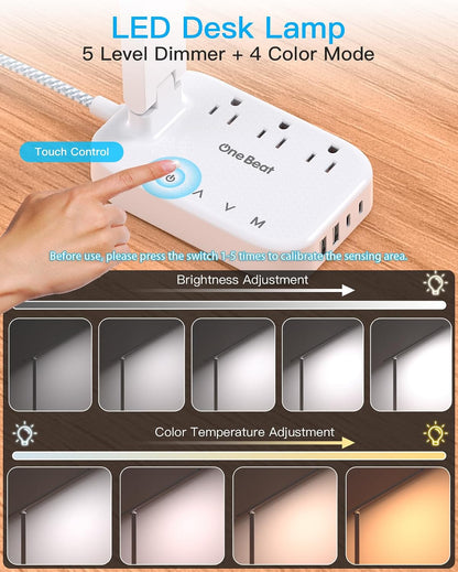 Small LED Desk Lamp Power Strip 5ft Extension Cord with 3 Outlets 4 USB Ports(2 USB C), 4 Modes, 5 Level Touch Lamp Study Reading Light, Home Office Bedroom College Dorm Room Essentials,White
