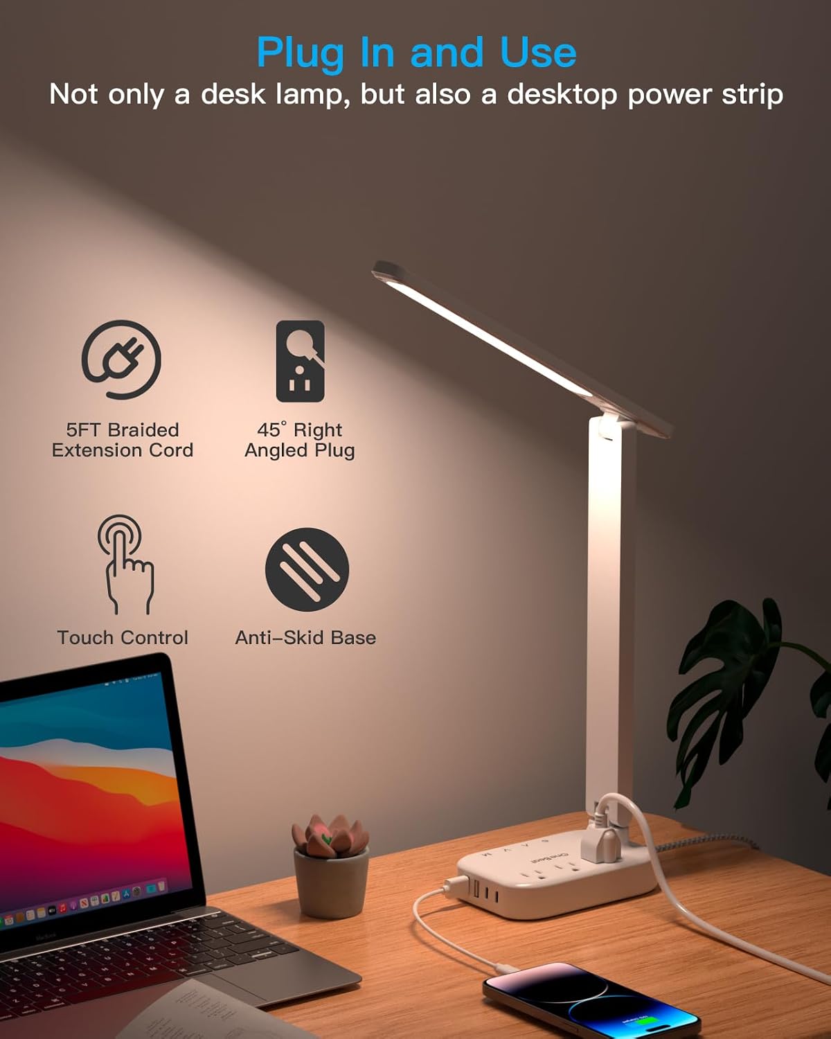 Small LED Desk Lamp Power Strip 5ft Extension Cord with 3 Outlets 4 USB Ports(2 USB C), 4 Modes, 5 Level Touch Lamp Study Reading Light, Home Office Bedroom College Dorm Room Essentials,White