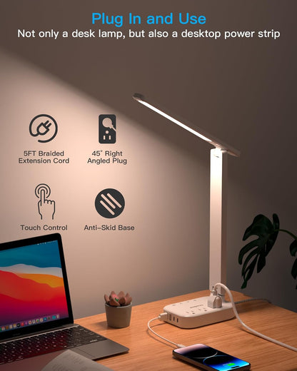 Small LED Desk Lamp Power Strip 5ft Extension Cord with 3 Outlets 4 USB Ports(2 USB C), 4 Modes, 5 Level Touch Lamp Study Reading Light, Home Office Bedroom College Dorm Room Essentials,White