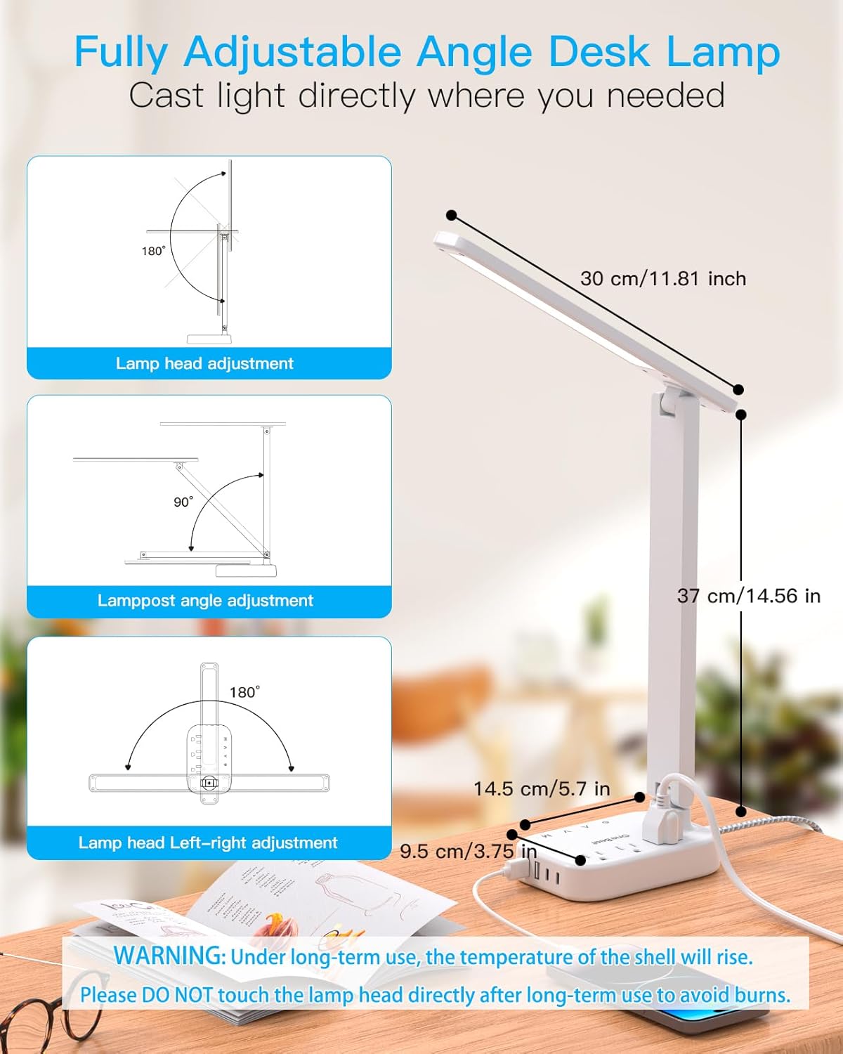 Small LED Desk Lamp Power Strip 5ft Extension Cord with 3 Outlets 4 USB Ports(2 USB C), 4 Modes, 5 Level Touch Lamp Study Reading Light, Home Office Bedroom College Dorm Room Essentials,White