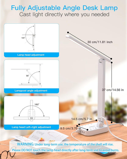 Small LED Desk Lamp Power Strip 5ft Extension Cord with 3 Outlets 4 USB Ports(2 USB C), 4 Modes, 5 Level Touch Lamp Study Reading Light, Home Office Bedroom College Dorm Room Essentials,White