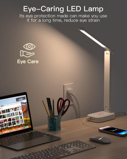 Small LED Desk Lamp Power Strip 5ft Extension Cord with 3 Outlets 4 USB Ports(2 USB C), 4 Modes, 5 Level Touch Lamp Study Reading Light, Home Office Bedroom College Dorm Room Essentials,White