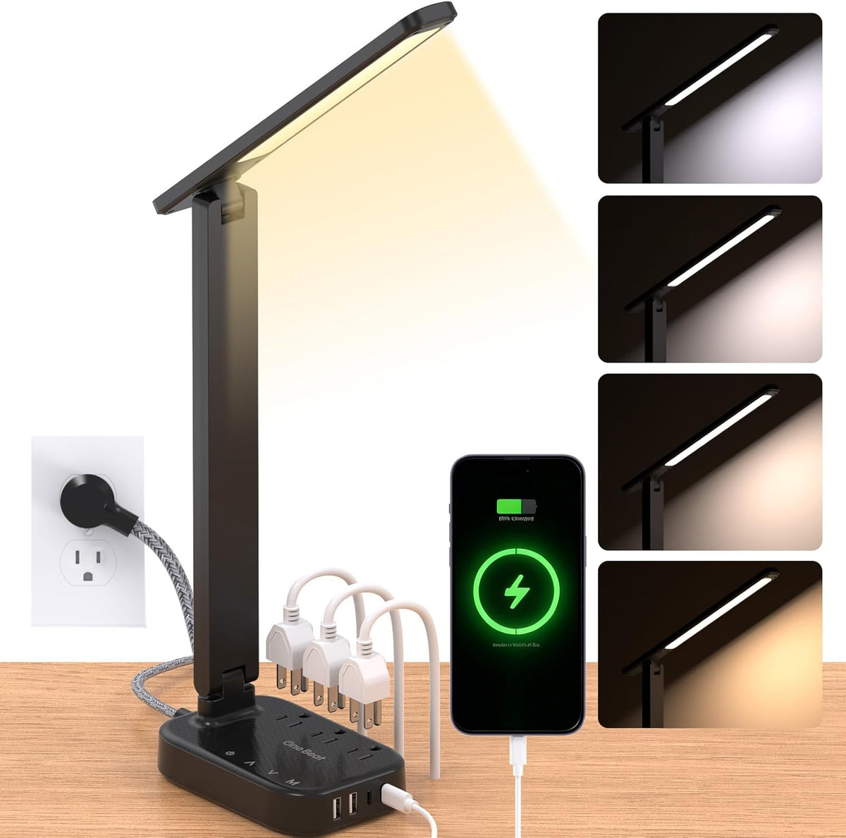Small LED Desk Lamp Power Strip 5ft Extension Cord with 3 Outlets 4 USB Ports(2 USB C), 4 Modes, 5 Level Touch Lamp Study Reading Light, Home Office Bedroom College Dorm Room Essentials,White