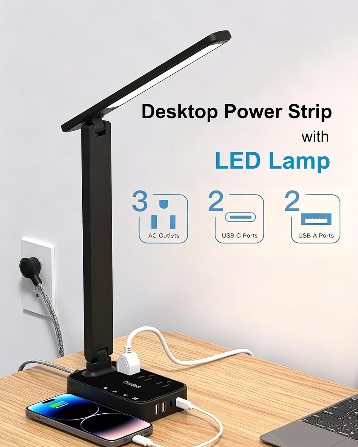 Small LED Desk Lamp Power Strip 5ft Extension Cord with 3 Outlets 4 USB Ports(2 USB C), 4 Modes, 5 Level Touch Lamp Study Reading Light, Home Office Bedroom College Dorm Room Essentials,White