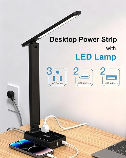 Small LED Desk Lamp Power Strip 5ft Extension Cord with 3 Outlets 4 USB Ports(2 USB C), 4 Modes, 5 Level Touch Lamp Study Reading Light, Home Office Bedroom College Dorm Room Essentials,White