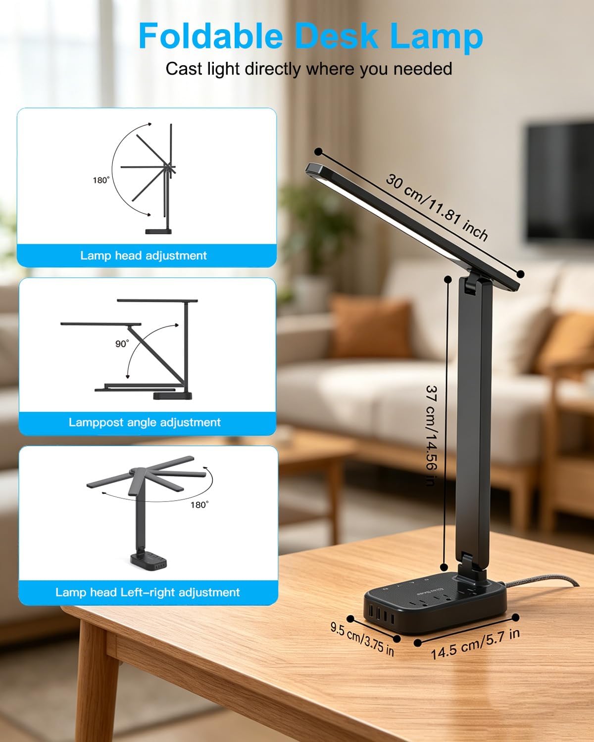 Small LED Desk Lamp Power Strip 5ft Extension Cord with 3 Outlets 4 USB Ports(2 USB C), 4 Modes, 5 Level Touch Lamp Study Reading Light, Home Office Bedroom College Dorm Room Essentials,White