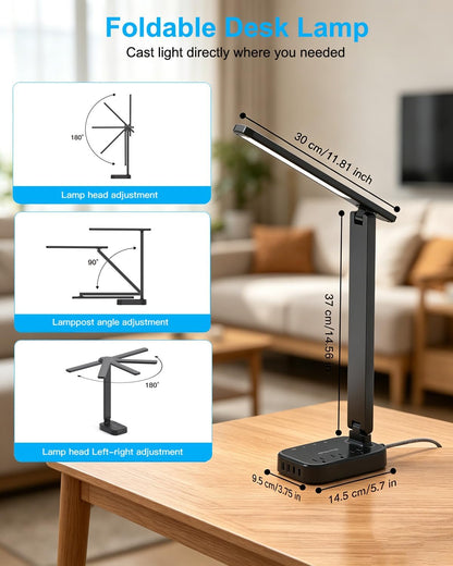 Small LED Desk Lamp Power Strip 5ft Extension Cord with 3 Outlets 4 USB Ports(2 USB C), 4 Modes, 5 Level Touch Lamp Study Reading Light, Home Office Bedroom College Dorm Room Essentials,White