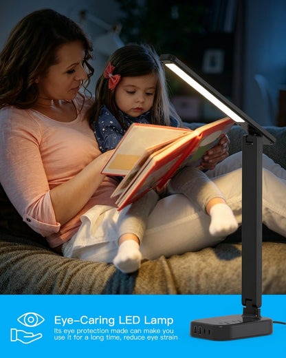Small LED Desk Lamp Power Strip 5ft Extension Cord with 3 Outlets 4 USB Ports(2 USB C), 4 Modes, 5 Level Touch Lamp Study Reading Light, Home Office Bedroom College Dorm Room Essentials,White