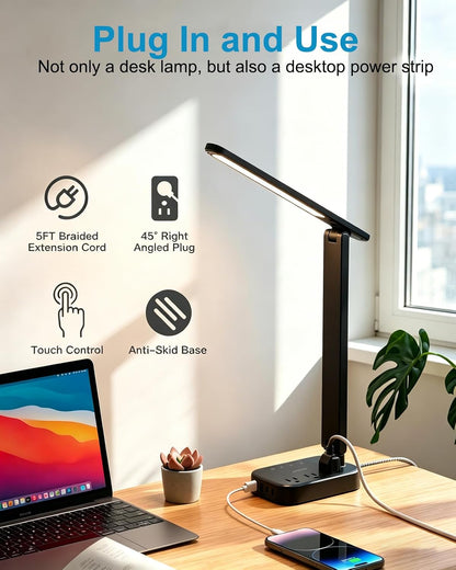 Small LED Desk Lamp Power Strip 5ft Extension Cord with 3 Outlets 4 USB Ports(2 USB C), 4 Modes, 5 Level Touch Lamp Study Reading Light, Home Office Bedroom College Dorm Room Essentials,White