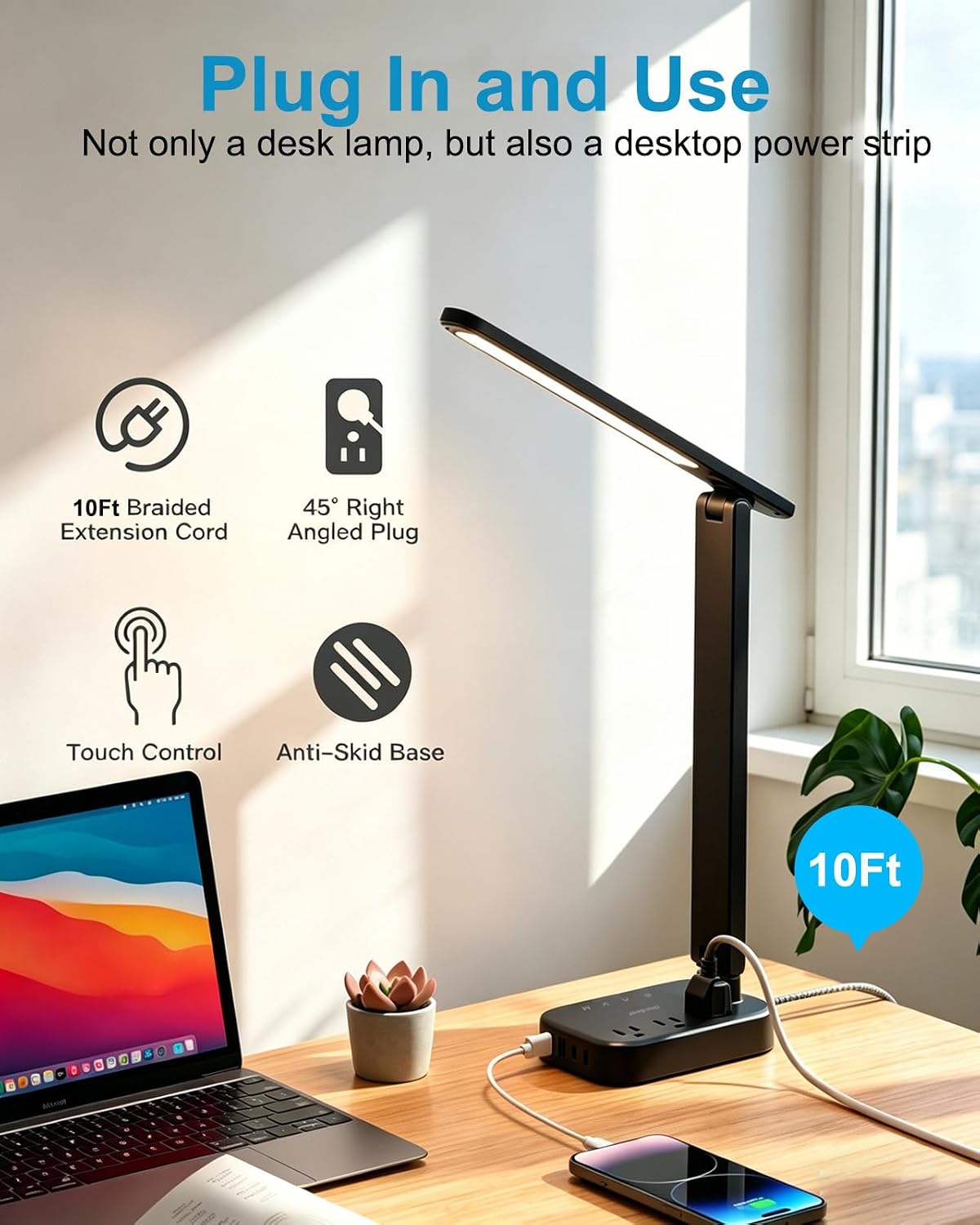 Small LED Desk Lamp Power Strip 5ft Extension Cord with 3 Outlets 4 USB Ports(2 USB C), 4 Modes, 5 Level Touch Lamp Study Reading Light, Home Office Bedroom College Dorm Room Essentials,White