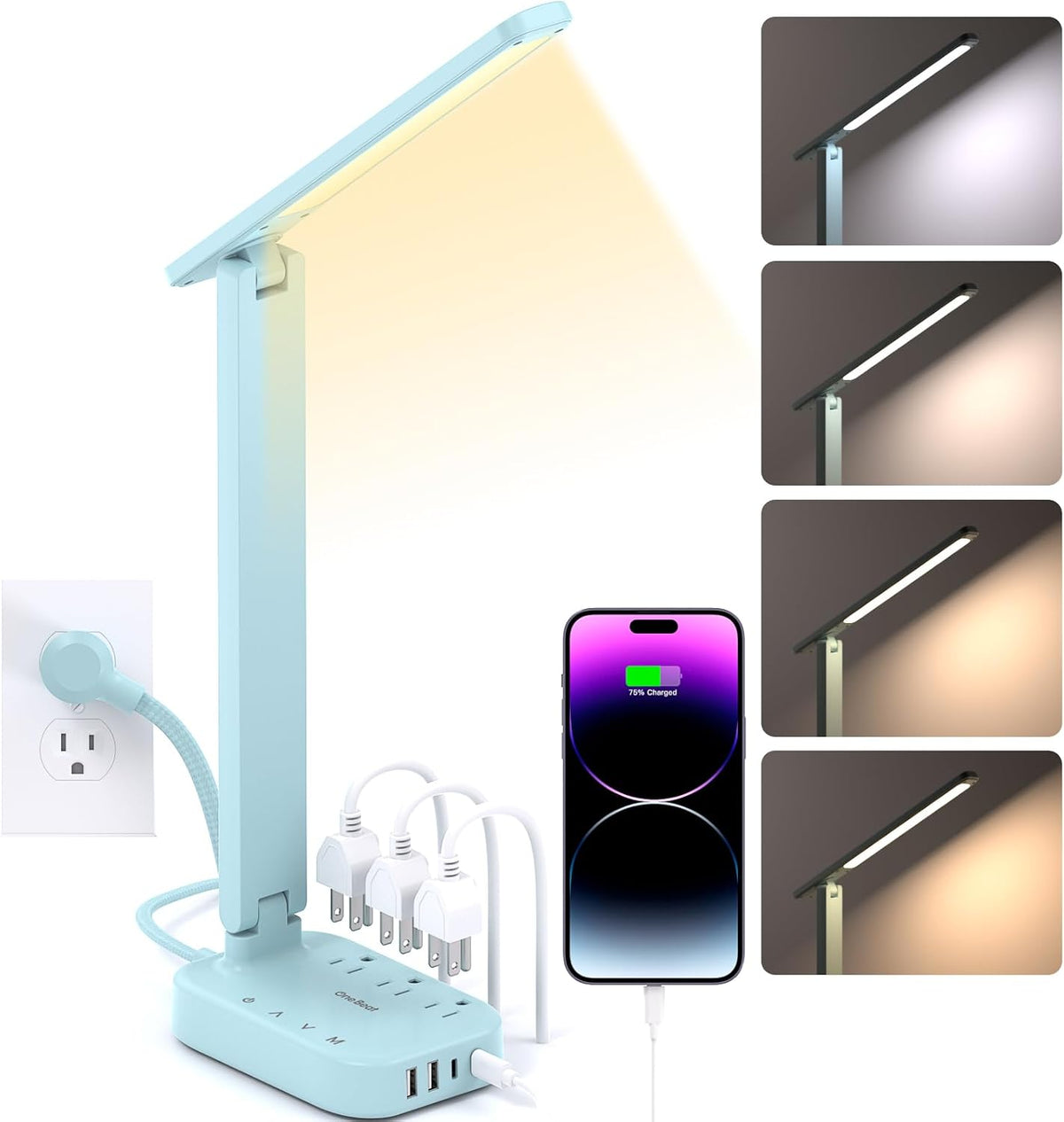 Small LED Desk Lamp Power Strip 5ft Extension Cord with 3 Outlets 4 USB Ports(2 USB C), 4 Modes, 5 Level Touch Lamp Study Reading Light, Home Office Bedroom College Dorm Room Essentials,White