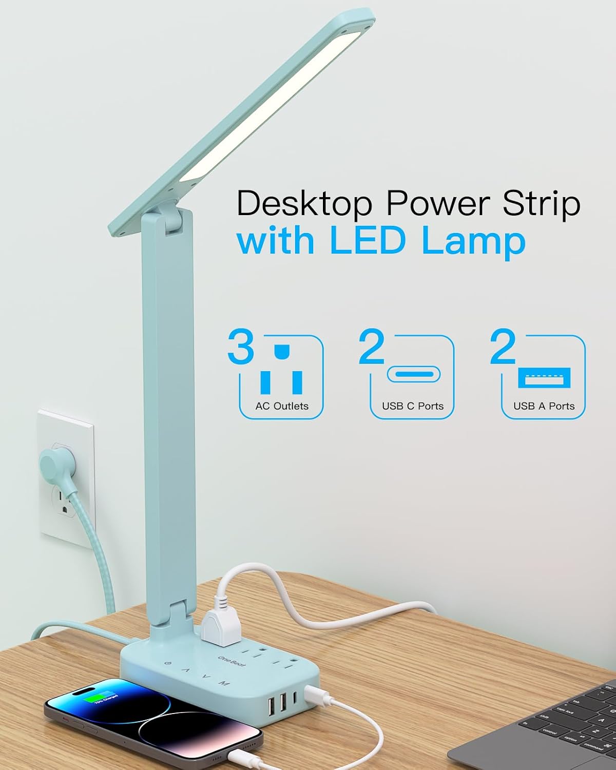 Small LED Desk Lamp Power Strip 5ft Extension Cord with 3 Outlets 4 USB Ports(2 USB C), 4 Modes, 5 Level Touch Lamp Study Reading Light, Home Office Bedroom College Dorm Room Essentials,White