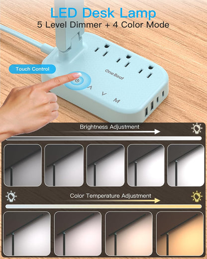 Small LED Desk Lamp Power Strip 5ft Extension Cord with 3 Outlets 4 USB Ports(2 USB C), 4 Modes, 5 Level Touch Lamp Study Reading Light, Home Office Bedroom College Dorm Room Essentials,White
