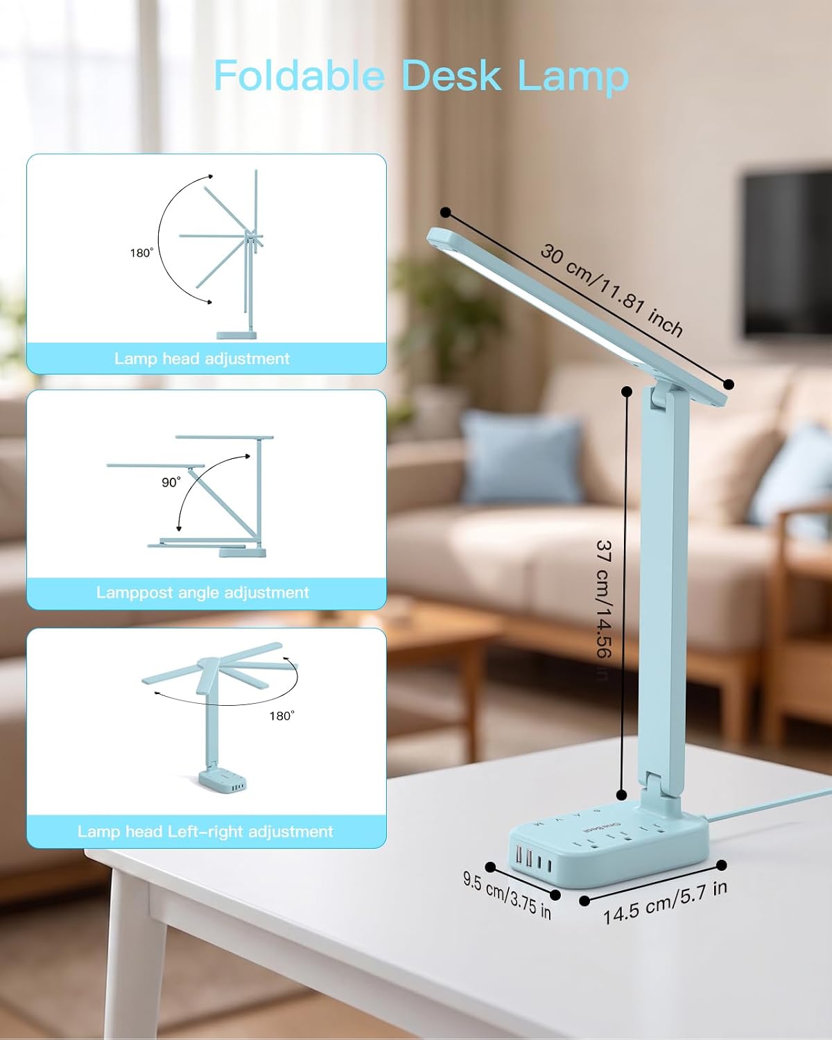 Small LED Desk Lamp Power Strip 5ft Extension Cord with 3 Outlets 4 USB Ports(2 USB C), 4 Modes, 5 Level Touch Lamp Study Reading Light, Home Office Bedroom College Dorm Room Essentials,White