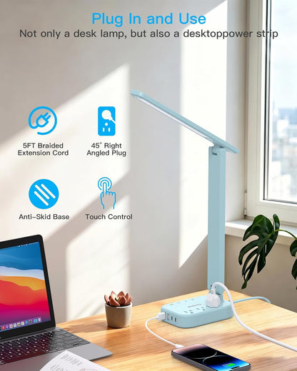Small LED Desk Lamp Power Strip 5ft Extension Cord with 3 Outlets 4 USB Ports(2 USB C), 4 Modes, 5 Level Touch Lamp Study Reading Light, Home Office Bedroom College Dorm Room Essentials,White