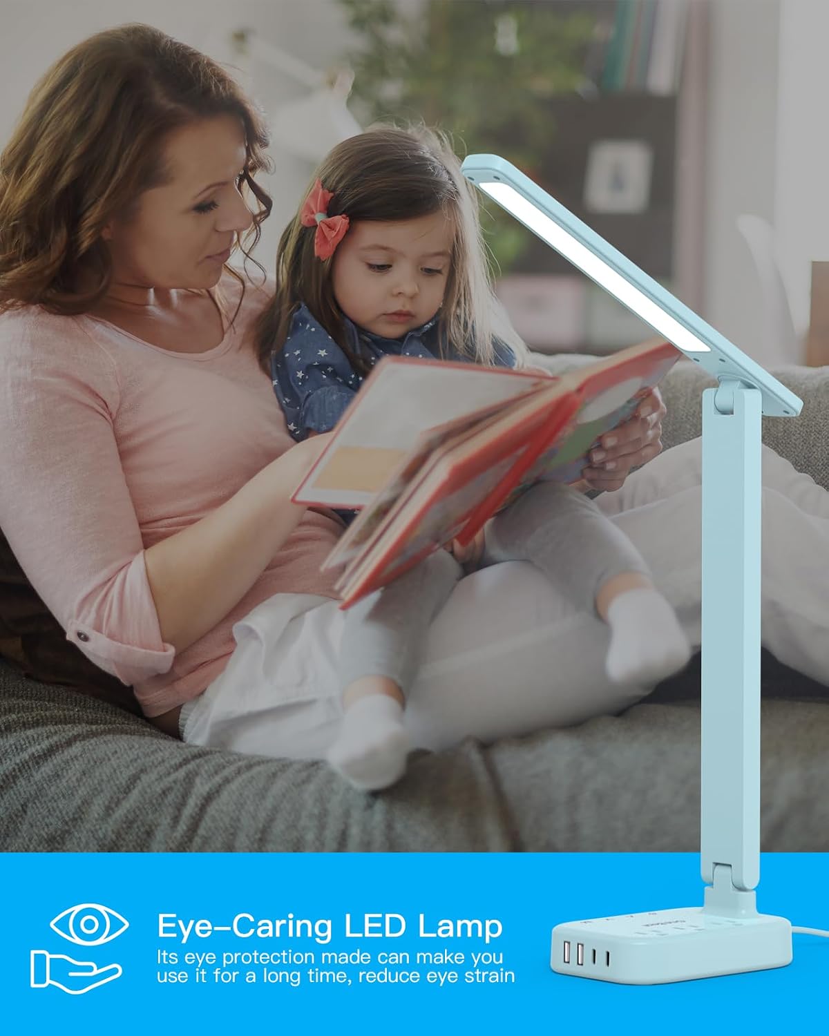Small LED Desk Lamp Power Strip 5ft Extension Cord with 3 Outlets 4 USB Ports(2 USB C), 4 Modes, 5 Level Touch Lamp Study Reading Light, Home Office Bedroom College Dorm Room Essentials,White