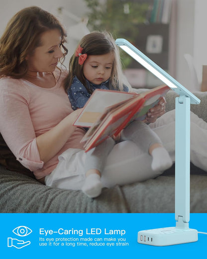 Small LED Desk Lamp Power Strip 5ft Extension Cord with 3 Outlets 4 USB Ports(2 USB C), 4 Modes, 5 Level Touch Lamp Study Reading Light, Home Office Bedroom College Dorm Room Essentials,White