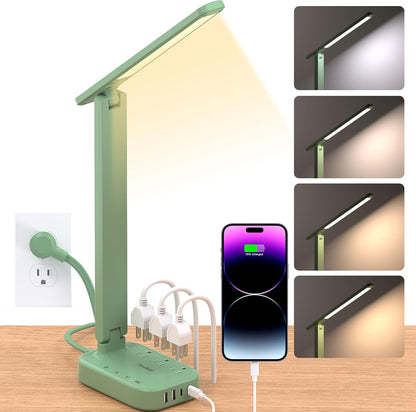 Small LED Desk Lamp Power Strip 5ft Extension Cord with 3 Outlets 4 USB Ports(2 USB C), 4 Modes, 5 Level Touch Lamp Study Reading Light, Home Office Bedroom College Dorm Room Essentials,White