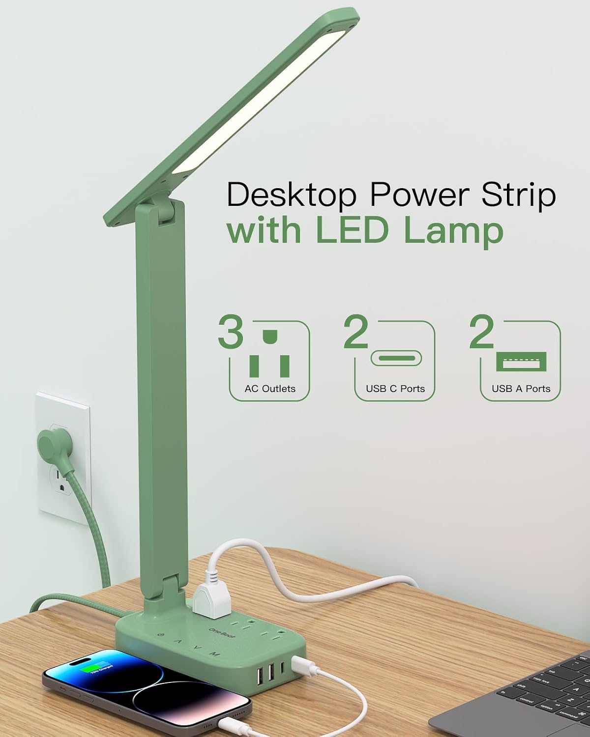Small LED Desk Lamp Power Strip 5ft Extension Cord with 3 Outlets 4 USB Ports(2 USB C), 4 Modes, 5 Level Touch Lamp Study Reading Light, Home Office Bedroom College Dorm Room Essentials,White