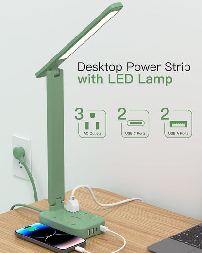 Small LED Desk Lamp Power Strip 5ft Extension Cord with 3 Outlets 4 USB Ports(2 USB C), 4 Modes, 5 Level Touch Lamp Study Reading Light, Home Office Bedroom College Dorm Room Essentials,White