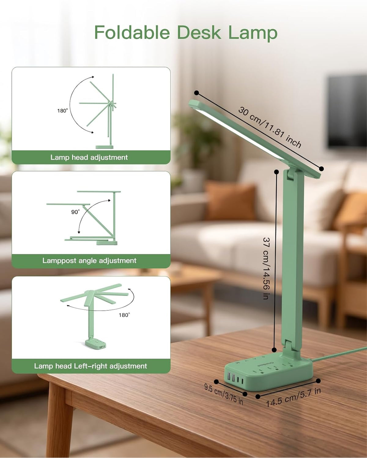 Small LED Desk Lamp Power Strip 5ft Extension Cord with 3 Outlets 4 USB Ports(2 USB C), 4 Modes, 5 Level Touch Lamp Study Reading Light, Home Office Bedroom College Dorm Room Essentials,White