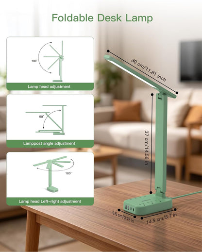 Small LED Desk Lamp Power Strip 5ft Extension Cord with 3 Outlets 4 USB Ports(2 USB C), 4 Modes, 5 Level Touch Lamp Study Reading Light, Home Office Bedroom College Dorm Room Essentials,White