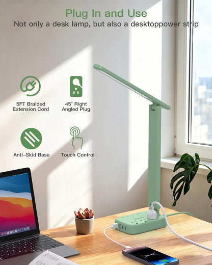 Small LED Desk Lamp Power Strip 5ft Extension Cord with 3 Outlets 4 USB Ports(2 USB C), 4 Modes, 5 Level Touch Lamp Study Reading Light, Home Office Bedroom College Dorm Room Essentials,White