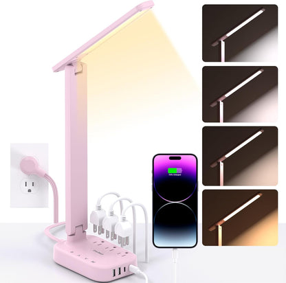Small LED Desk Lamp Power Strip 5ft Extension Cord with 3 Outlets 4 USB Ports(2 USB C), 4 Modes, 5 Level Touch Lamp Study Reading Light, Home Office Bedroom College Dorm Room Essentials,White