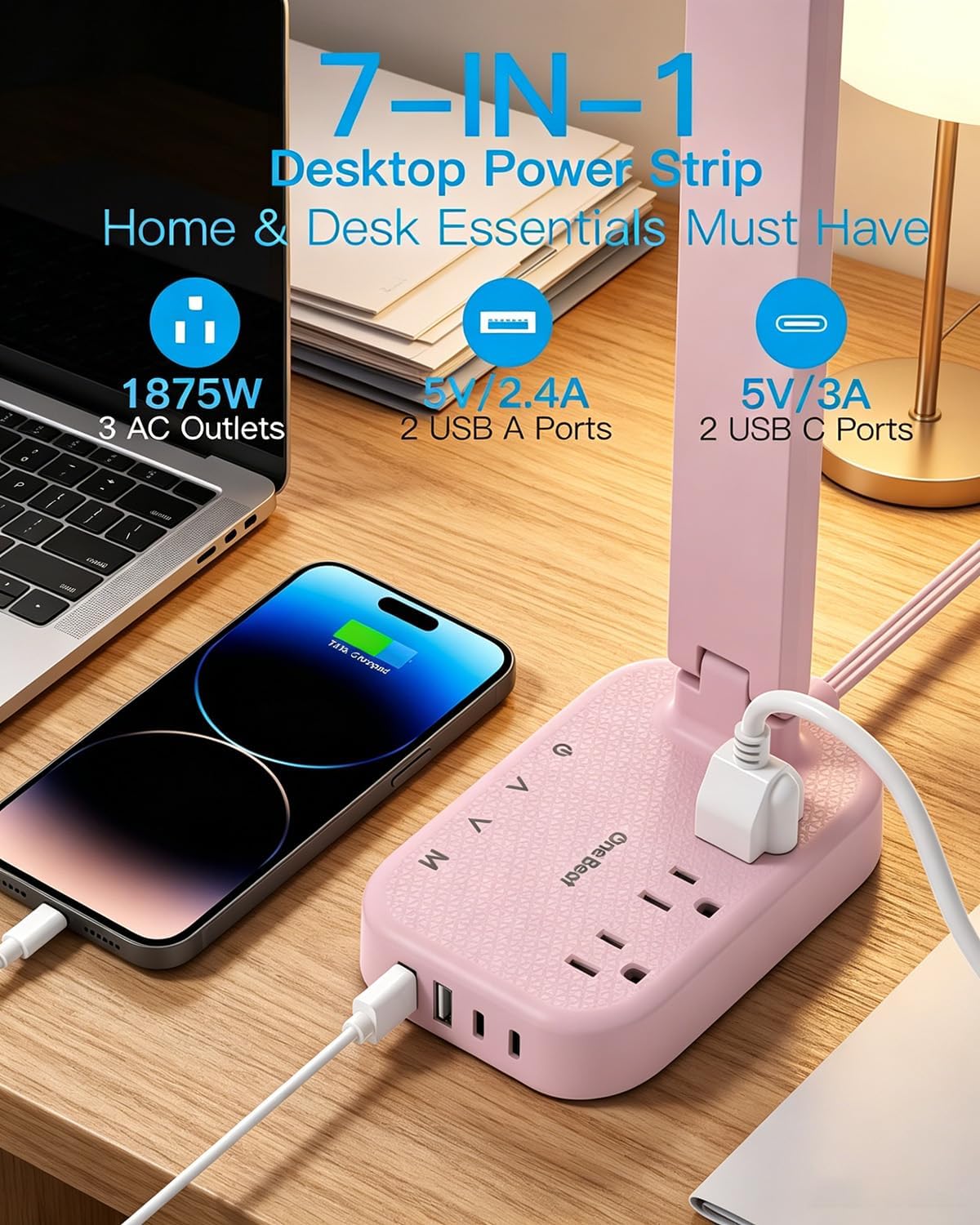 Small LED Desk Lamp Power Strip 5ft Extension Cord with 3 Outlets 4 USB Ports(2 USB C), 4 Modes, 5 Level Touch Lamp Study Reading Light, Home Office Bedroom College Dorm Room Essentials,White